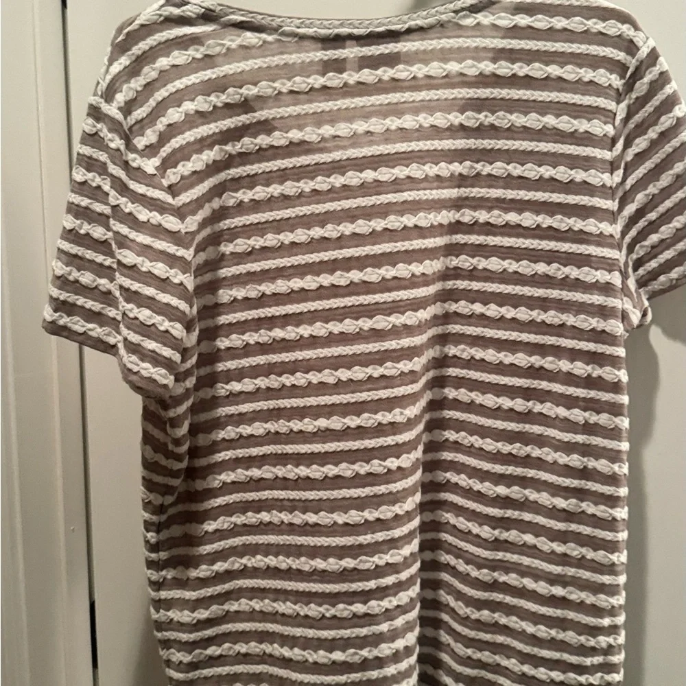 Chico’s Women's Striped Lace-Detail Tee - Taupe/White - Picture 4 of 4